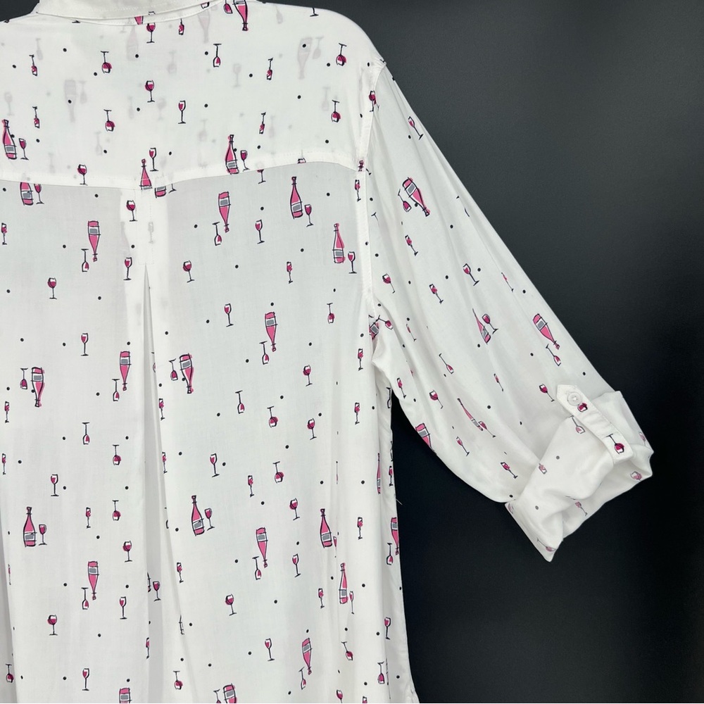 Beach Lunch Lounge Womens Top Wine Theme Print Long Roll Tab Sleeve Button Up - Picture 9 of 14